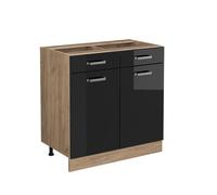 Vicco Meuble Cuisine R-Line, Noir Haute Brillance, 80cm | 2 Tiroirs · Sans plan de travail · Pieds réglables en hauteur · 2 Portes · ✓ Accès facile