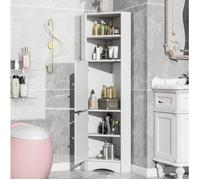 Meuble d’angle blanc pour salle de bain avec étagères ouvertes et placard