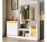 Meuble d’entrée 6-en-1 avec LED, miroir pleine longueur, banc à chaussures, vitrine et tringle, blanc