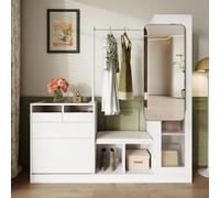 Meuble d’entrée 6-en-1 avec miroir, meuble à chaussures rabattable et LED | Vestiaire avec coiffeuse, vitrine éclairée, tringle et banc rembourré, LED contrôlable par application