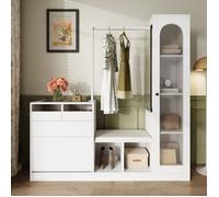 Meuble d’Entrée 6 en 1 avec Miroir Pivotant et LED - Vestiaire avec Banc, Penderie et Rangement Chaussures Blanc