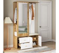 Meuble d’entrée avec miroir - TKOPY - Vestiaire d’entrée avec armoire à chaussures - Ensemble de vestiaires 100x38x180cm - Blanc