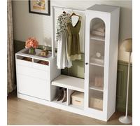 Meuble d’entrée multifonction 6-en-1 blanc brillant avec penderie, banc, vitrine, miroir et rangements