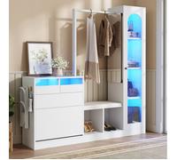 Meuble d’entrée multifonction 6 en 1 EVRYAE 163 x 38 x 161 cm avec LED, miroir pivotant, vitrine et banc blanc