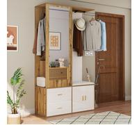 Meuble d’entrée vestiaire blanc et bois 100 x 38 x 180 cm avec miroir, banc à chaussures et penderie extensible