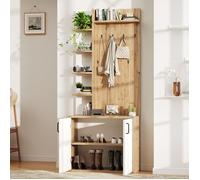 Meuble d’entrée vestiaire porte-manteau range-chaussures 6 rangements ouverts 2 portes bois naturel blanc Grjofek