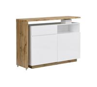 Meuble de bar pivotant avec 2 portes, 1 tiroir et 1 niche en MDF - Blanc laqué et Naturel - ELDIR