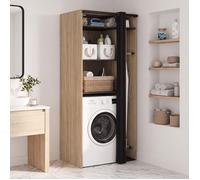 Meuble de buanderie machine à laver avec rideau et emplacement table à repasser bois et noir