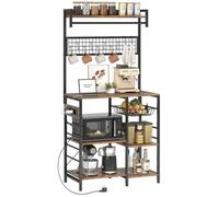 Meuble de cuisine avec prises et LED coin café porte-couche en métal 5 rayonnages tiroir 10 crochets couleur marron rustique