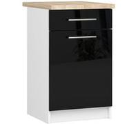 Meuble de cuisine bas armoire de cuisine AKORD S50 OLIWIA modulable Blanc 50 cm 1 porte 1 tiroir façade Noir Brillant 2 étagères 50x46x85 cm Blanc / Noir Brillant