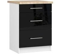 Meuble de cuisine bas armoire de cuisine AKORD S60 OLIWIA modulable Blanc 60 cm 3 tiroirs façade Noir Brillant 60x46x85 cm Blanc / Noir Brillant