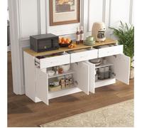 Meuble de cuisine buffet 160 cm avec 3 tiroirs, 4 portes et étagères réglables, blanc et bois naturel MDF Grjofek