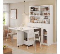 Meuble de cuisine multifonction EVRYAE 120 cm avec table pliante, rangement, portes vitrées, blanc