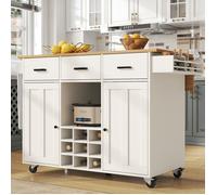 Meuble de Cuisine Roulant Blanc avec Îlot Central Plateau en Bois et Rangements Amovibles