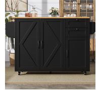 Meuble de cuisine roulant îlot central avec plateau rabattable, 2 tiroirs, rangement MDF noir aspect bois ORVRYN