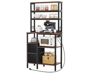 Meuble de Cuisine YITAHOME, Prises & USB, Tiroirs, Crochets, Étagère Micro-ondes, 80x40x168 cm, Marron Vintage & Noir