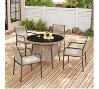 Meuble de jardin - 5 pièces - Table ronde verre trempé - Dossier corde tressée - Structure fer forgé