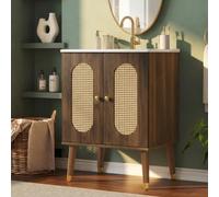 Meuble de lavabo autoportant de 61 cm avec lavabo en céramique et portes en | Respirant contre la moisissure. Fermeture douce et protection anti-débordement. Meuble bas parfait pour les petites salles de