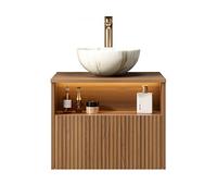 Meuble de lavabo avec vasque en céramique, blanc, largeur 60 cm, chêne | Armoire de salle de bain pré-montée avec lumière à capteur LED, tiroir, étagère et vasque en céramique pour petites salles de