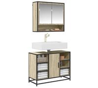 Meuble de lavabo en chêne Sonoma - 80 x 33 x 60 cm - En bois avec cadre en | Design rétro, cadre en métal, ouverture pour lavabo, résistant à l'humidité, beaucoup d'espace de rangement