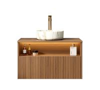 Meuble de lavabo flottant en chêne avec vasque en céramique de 80 cm de | Armoire de salle de bain pré-montée avec lumière à capteur LED, tiroir, étagère et lavabo en céramique blanche pour petites