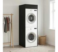 Meuble de machine à laver noir aspect chêne en bois 67,5 x 68 x 200 cm avec espace de rangement, porte, charnières et poignées ergonomiques pour salle de bain et intérieur