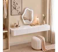 Meuble De Maquillage Suspendu, Coiffeuse Murale avec Tiroirs, Bureau Mural | Fixation Murale Adaptable, Rangement Fermé Et Nettoyage Du Sol Facilité - Dressing, Studio(White+Sintered Stone,160cm)