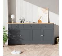 Meuble de Rangement 160 x 37 x 75 cm Gris et Bois avec 4 Portes et 3 Tiroirs, Buffet Style Campagne avec Étagères Réglables
