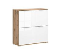 Meuble de rangement à 4 portes coloris Chêne wotan/Blanc brillant - Longueur 104 x Profondeur 41 x Hauteur 106 cm - -