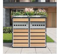 Meuble de rangement avec poubelle - Double compartiment jardinière - Serrures & ventilation - Acier galvanisé - Grain de bois gris