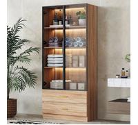 Meuble de Rangement avec Vitrine Moderne - avec Éclairage LED, Portes Vitrées, 2 Tiroirs et 2 Portes - Couleur Bois Naturel