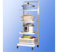 Meuble de rangement blanc pour cuisine - Support pour poêle, micro-ondes, 4 planches et 1 panier, idéal pour les plans de travail, les armoires et le sol, solution d'étagère de cuisine peu encombrante