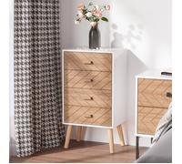 Meuble de rangement chiffonnier design scandinave 40L x 30l x 75H cm 4 tiroirs bois massif pin MDF blanc et hêtre motif graphique