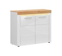 Meuble de rangement commode à 2 portes avec éclairage LED coloris Chêne doré/Blanc haute brillance - Longueur 106,5 x Profondeur 42 x Hauteur 90 cm -