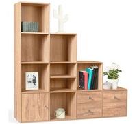 IDMarket - Meuble de rangement en escalier Liam 4 niveaux - Bois façon hêtre avec porte et tiroirs