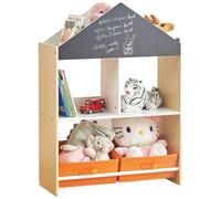 Meuble De Rangement Enfant Ginger Home - Étagère Maison En Bois Avec Ardoise, 2 Bacs Tissu, 62,4x26,5x90 Cm - Organisation Jouets Orange