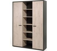 Meuble de rangement pour bureau avec 2 portes et des étagères, dans des tons chêne clair et noir