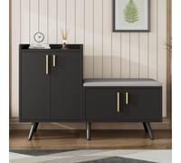 Meuble de rangement pour chaussures moderne, imitation noyer noir, avec 4 portes de rangement, des poignées en métal asymétriques et un coussin de siège, coloris noir et noyer, dimensions : 120 x 34 x