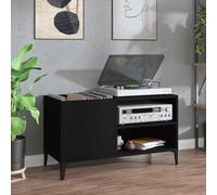 Meuble de rangement pour disques en bois composite, de couleur noire, avec pieds en métal, dimensions : 84,5 x 38 x 48 cm. Offre un espace de rangement pour les disques, une surface de pose pour un to