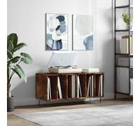 Meuble de rangement pour disques en bois imitation chêne fumé, dimensions 100x38x48 cm, avec pieds en fer, offrant un espace de rangement pour les vinyles. Il est doté d'une surface supérieure stable,