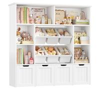 Meuble de rangement pour jouets d'enfants, 7 compartiments ouverts, 4 tiroirs à roulettes, blanc