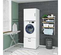 Meuble de rangement pour machine à laver avec placard supérieur, tiroir et étagère coulissante, blanc, chêne noir. Surmeuble pour machine à laver (meuble + étagère supérieure (62 cm)), blanc