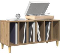 Meuble de rangement pour vinyles en bois imitation chêne, dimensions 100 x 38 x 48 cm. Idéal pour le stockage de disques vinyles et conçu comme étagère, offrant un grand espace de rangement et une sur
