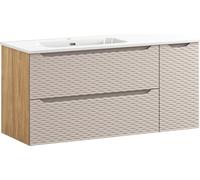 Meuble De Salle De Bain 120 Cm Avec Lavabo En Céramique – Chêne Huilé Et Beige 3D
