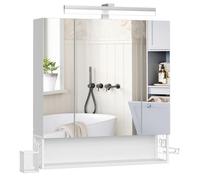 Meuble de Salle de Bain 3 Portes, Armoire Murale avec Miroir, Multiprise, Panier Suspendu, Support pour Sèche-Cheveux, Blanc Nuage