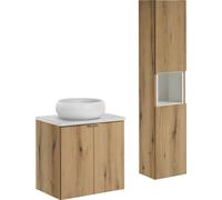 Meuble De Salle De Bain 60 Cm Avec Lavabo À Poser Et Colonne Couleur Chêne + Blanc Mat