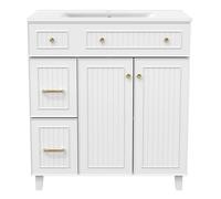 Meuble de salle de bain 81,7cm avec lavabo, lavabo en céramique, surface laquée, rangement multi, pieds en bois massif - Blanc