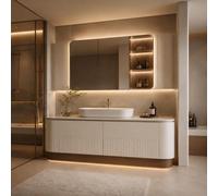 Meuble de salle de bain autoportant de 142,2 cm avec miroir LED | Design moderne intelligent désembuant sans couture | Grand espace de rangement et options personnalisables pour des salles de bains