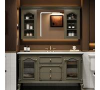 Meuble de salle de bain autoportant moderne de 147,3 cm avec armoire en bois massif, miroir anti-buée et évier en pierre facile à nettoyer - Solution de décoration d'intérieur élégante personnalisée