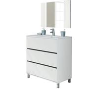 Meuble de salle de bain avec 3 portes coloris blanc - Hauteur 88 x Longueur 81 x Profondeur 47 cm